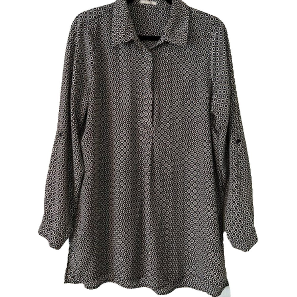 Pleione shirt size zl black multicolor tunic 100% polyester slit on side